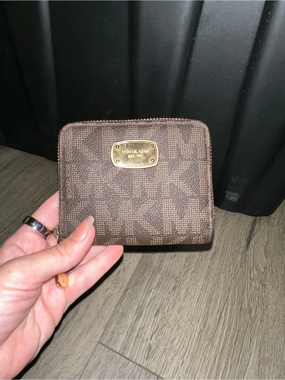 Michael Kors Brown Logo Zip Around Compact Wallet with Gold Plaque